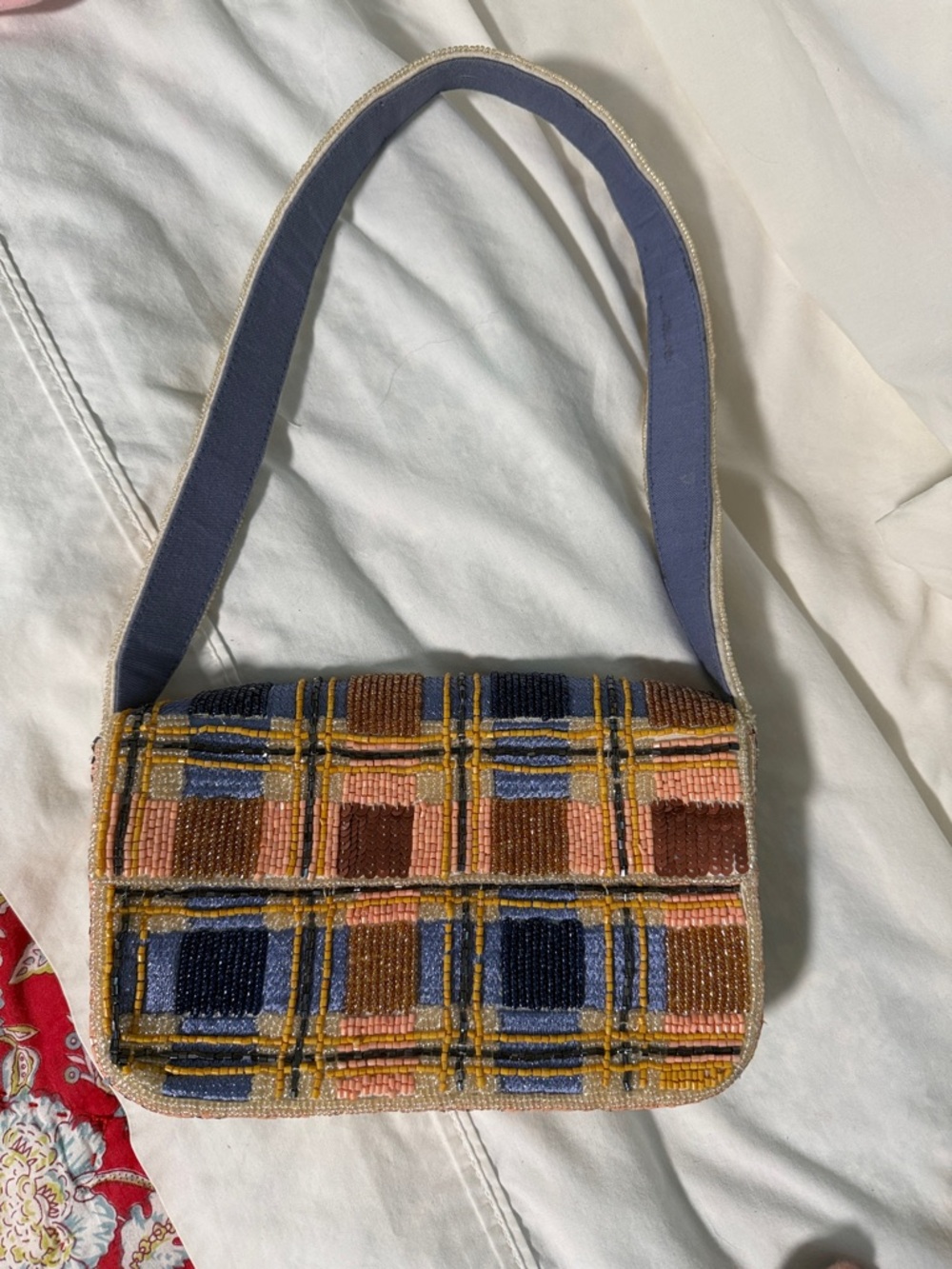 NWT Anthropologie Beaded Plaid Shoulder Bag in Blue, Pink, Brown